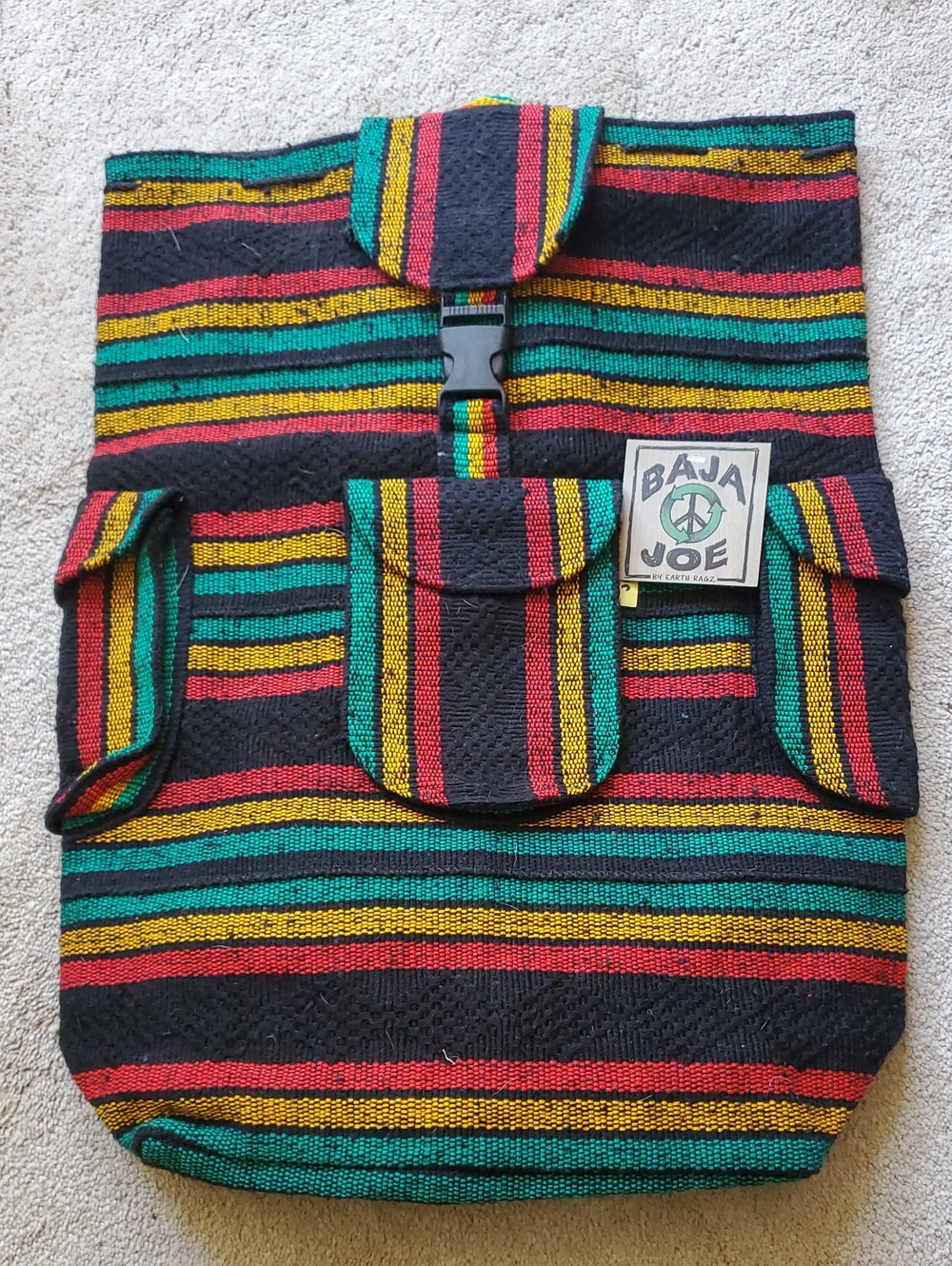 Baja Joe Multicolor Striped Canvas Backpack - Black, Green, Red, Yellow